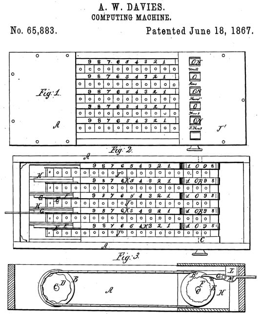 Alexander Davies Adding Machine patent drawing