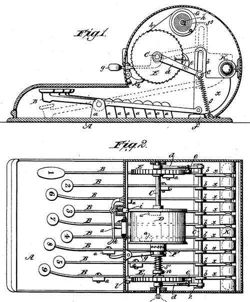 The keyboard adding machine of Lewis Hosea and William Beardsley (the patent drawing)