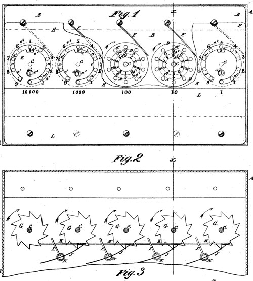 The patent drawing of first adding machine of Moore