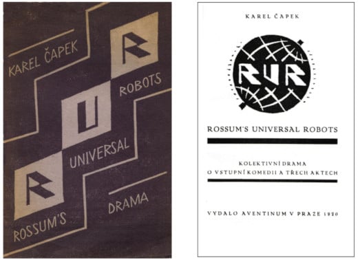 The cover of the first edition of R.U.R., November 1920 (left); the title page of the first edition (right)