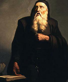 Ramon Llull with a long, white bear and a black hooded garmet