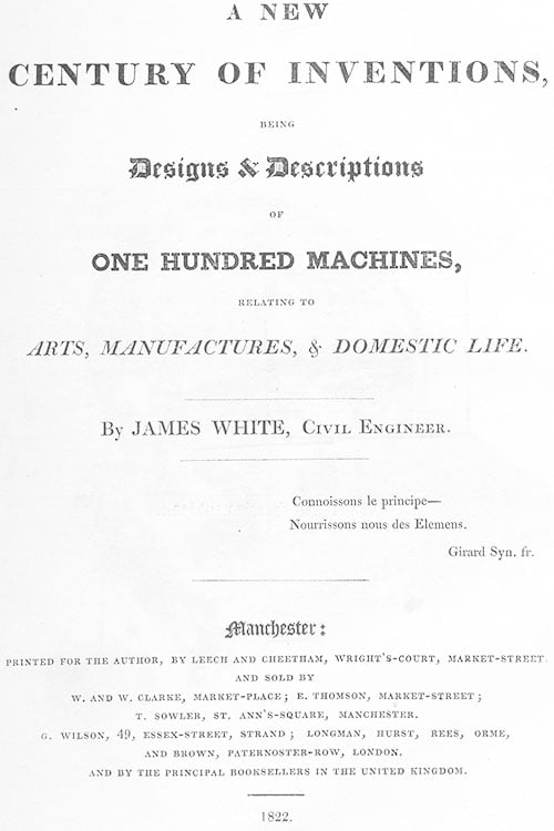 The title page of New Century of Inventions of James White
