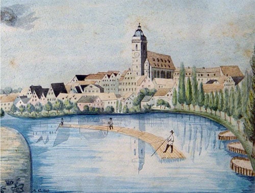 A raft on the Neckar River in Tübingen, a painting by Johannes Pfister from 1620