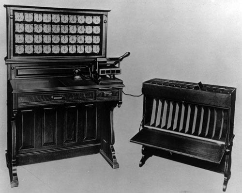 Herman Hollerith and his first tabulator from 1890 black and white image