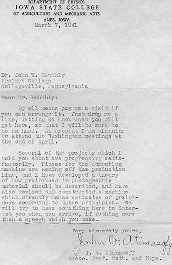 The letter from John Atanasoff to Mauchly