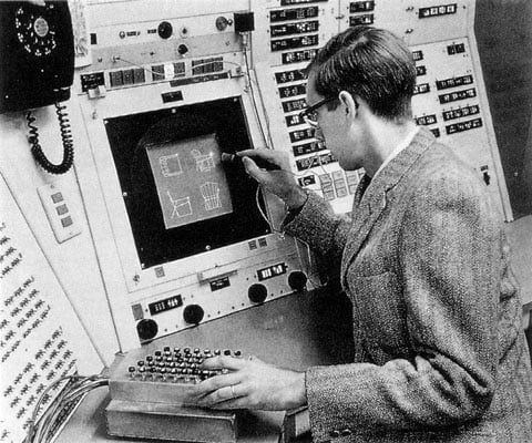 Ivan Sutherland using Sketchpad in 1962 Black and White Image