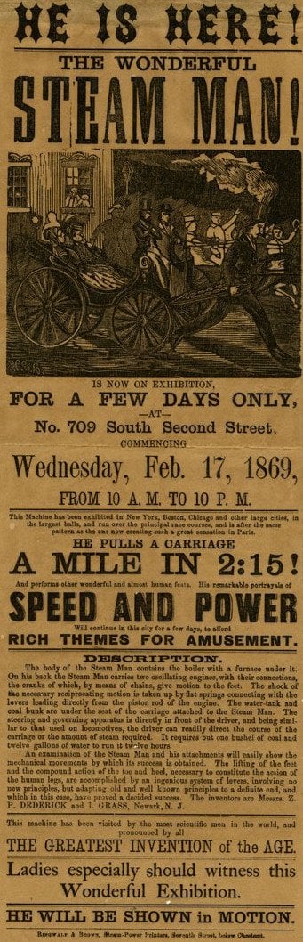 An advertisement for the Steam Man