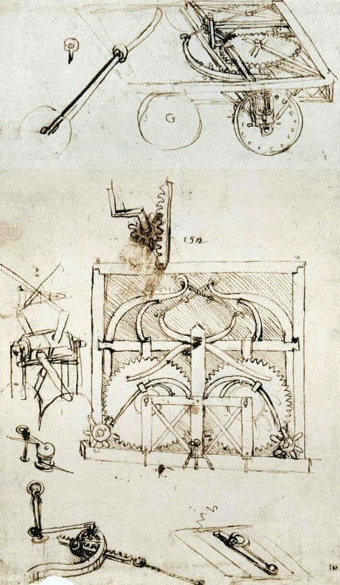 The original drawing of Leonardo’s self-propelled cart.