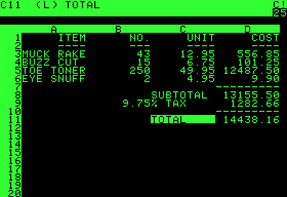 A screenshot from the first version of VisiCalc