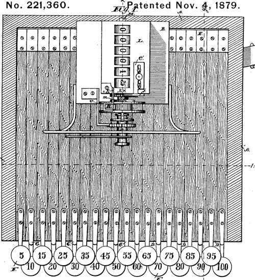 James Ritty's cash register patent was issue in 1879. This rendering shows the design.