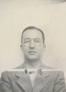 Los Alamos Laboratory badge identity photo of William Alfred Higinbotham.