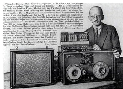 Fritz Pfleumer and the magnetic tape device https://en.wikipedia.org/wiki/File:Fritz_Pfleumer.png