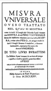 Burattini's most famous book—Misura Universale, published in 1675.