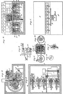 Black and white print of the plans for Castle's first calculating machine.