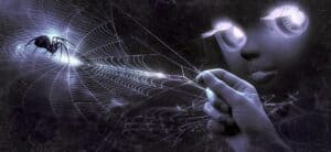 fantasy hand web spider face eyes puppet light grim dark mystical female dream magic