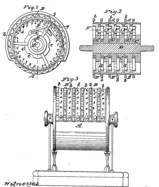 The patent drawing of adding machine of Milton Jeffers.