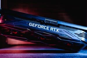 Nvidia Geforce RTX 3070 gaming graphics card on a dark background.