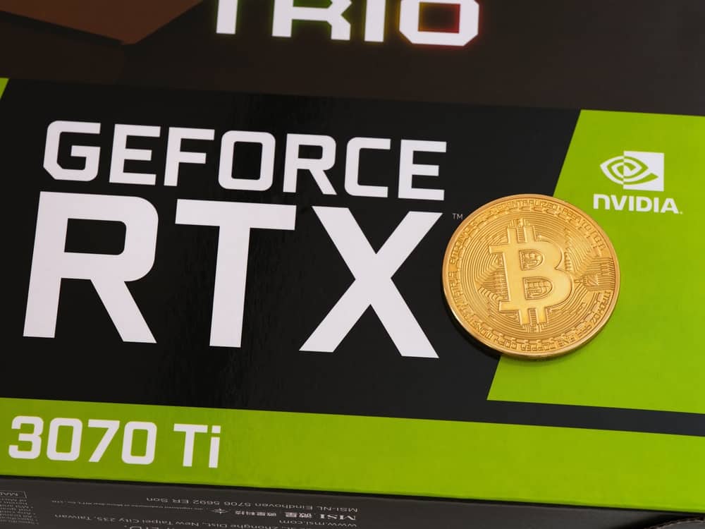 Nvidia Geforce RTX 3070 gaming graphics card box with a bitcoin on it.