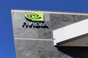 Nvidia logo on the companyh's headquarters in Santa Clara, CA.
