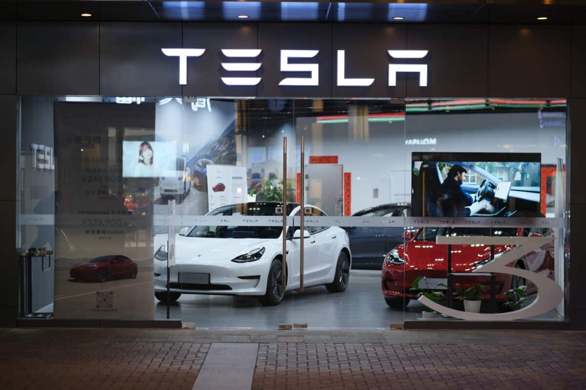 Facade of a Tesla store at night