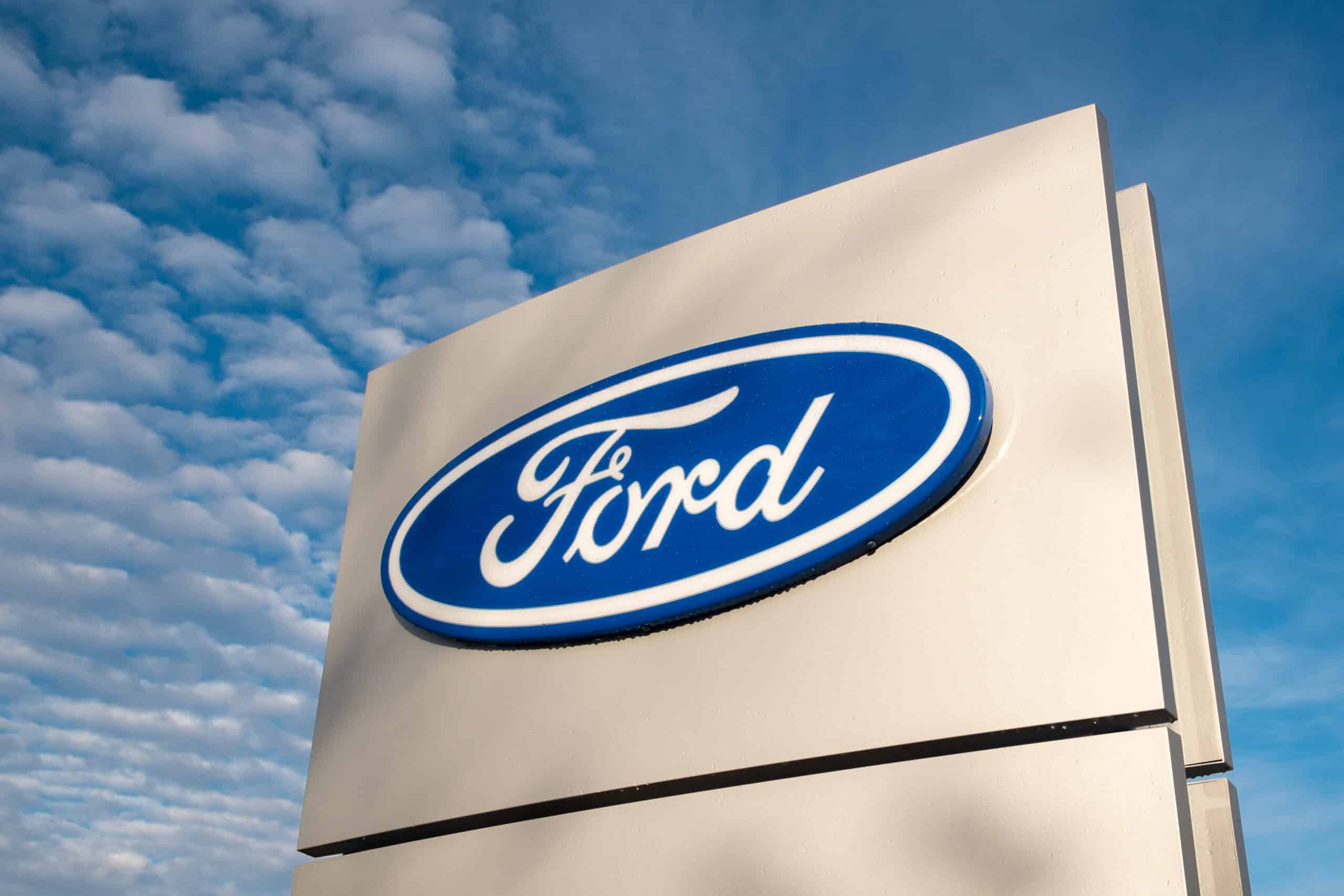 Ford motor company logo at a car dealership