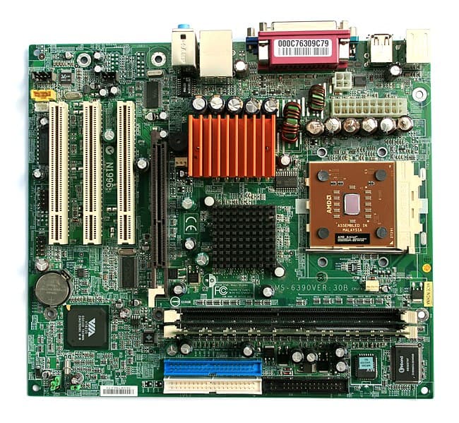 Close up of microATX motherboard MS-6390 with an AMD Athlon processor in a Socket 462 slot