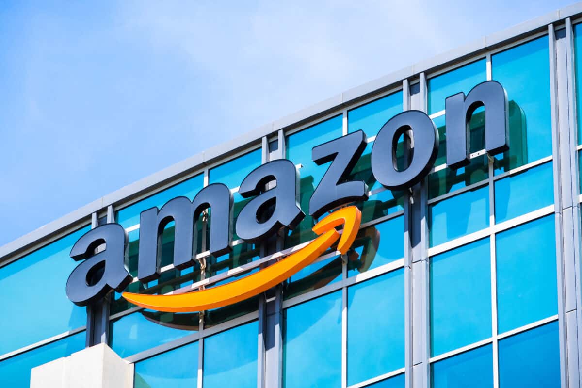 Amazon logo on the facade of a commercial building