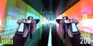 Pixel artwork illustration of shooter game gameplay