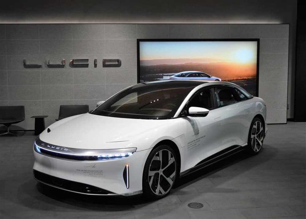 Lucid Air Dream edition luxury car on display in a Lucid Studio