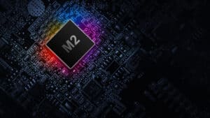 graphic illustration of m2 processor chip on dark motherboard background