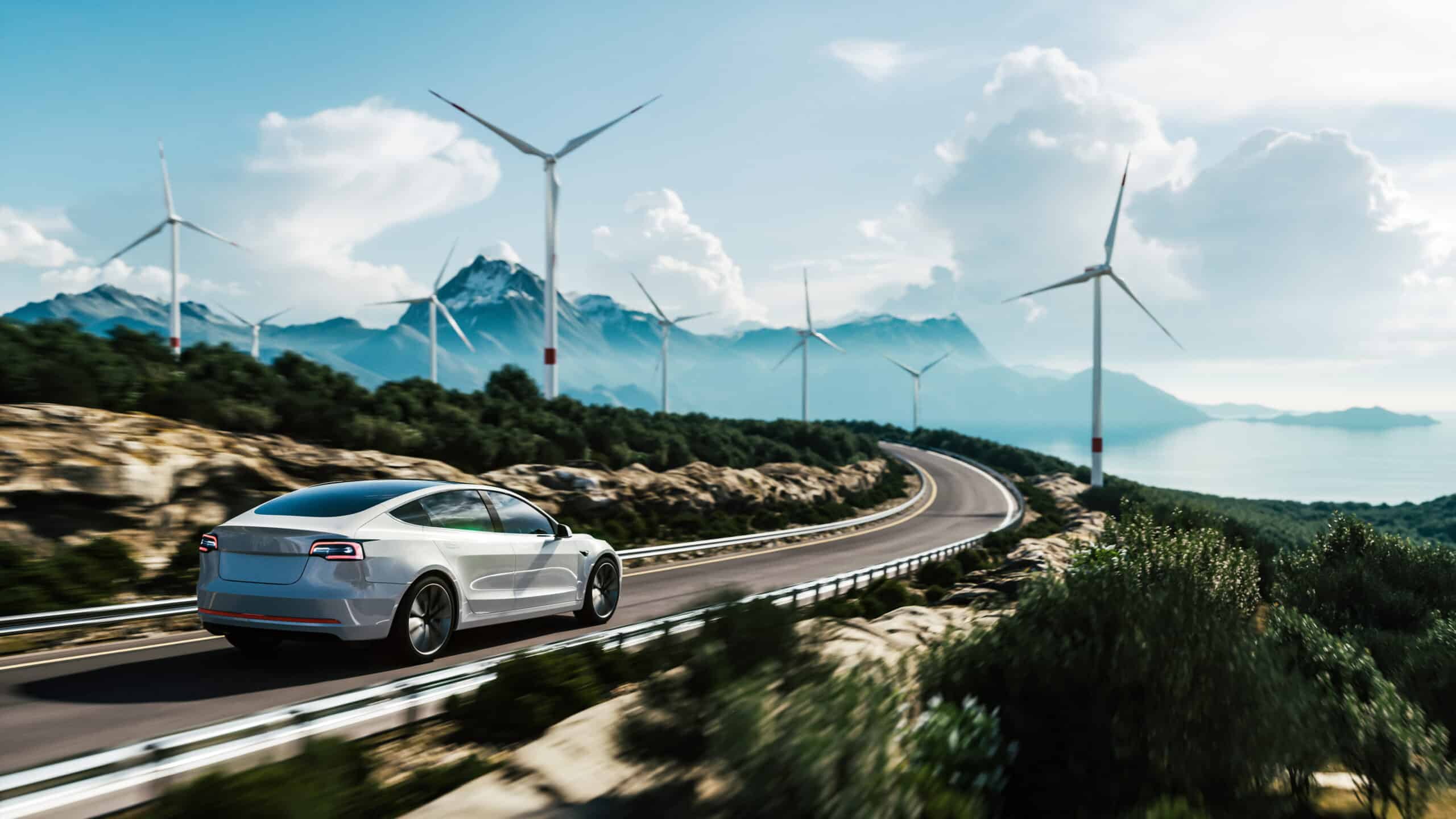 Electric car EV driving on road