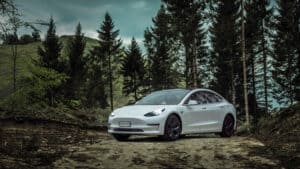 White Tesla Model 3 White on a hilly road with trees in the background