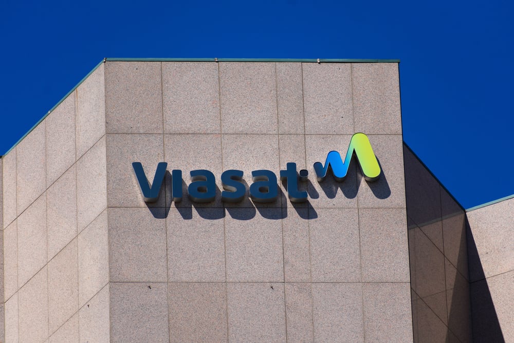 Viasat sign logo on the company's headquarters in San Jose, CA.