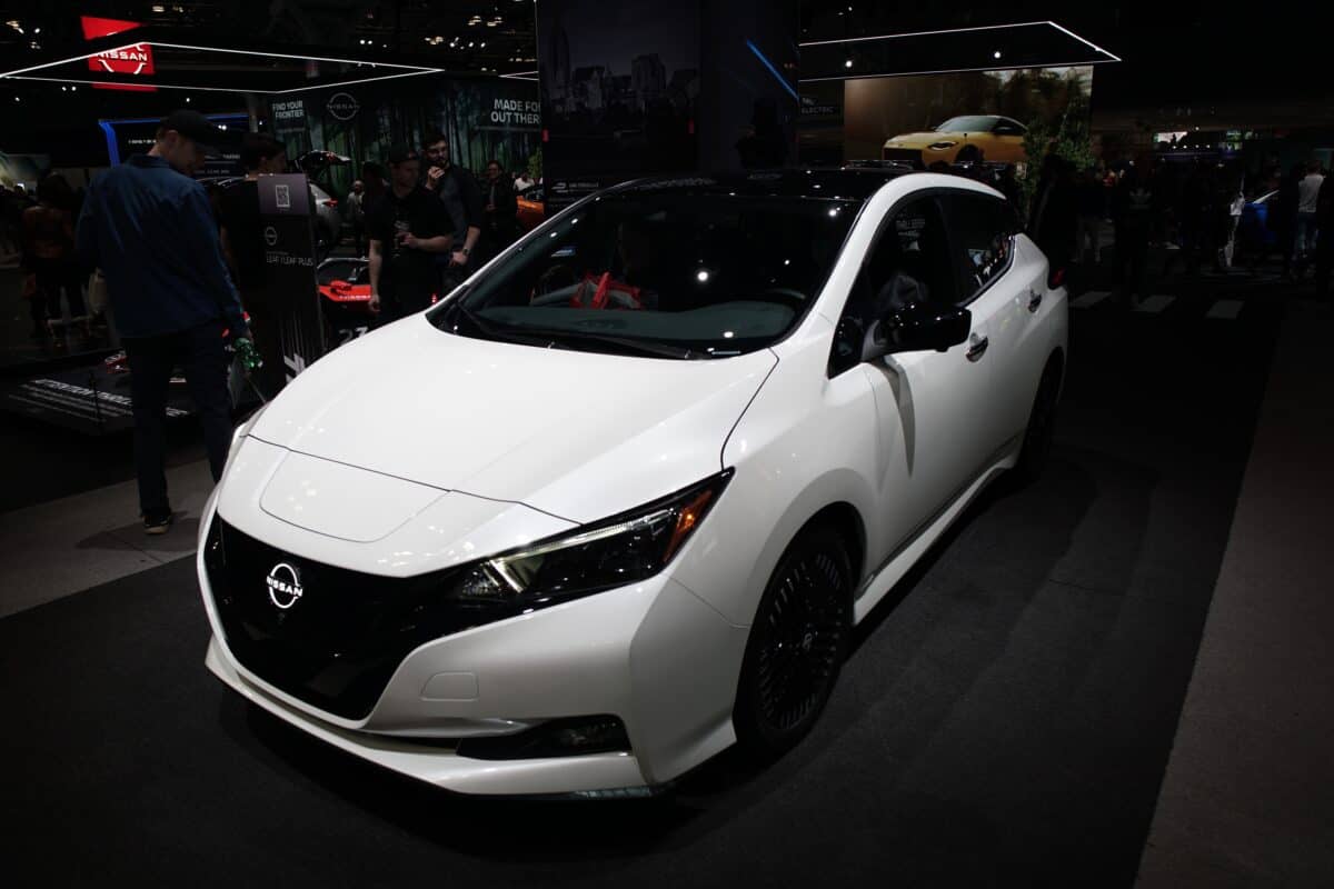 The 2023 Nissan Leaf electric vehicle at a car show