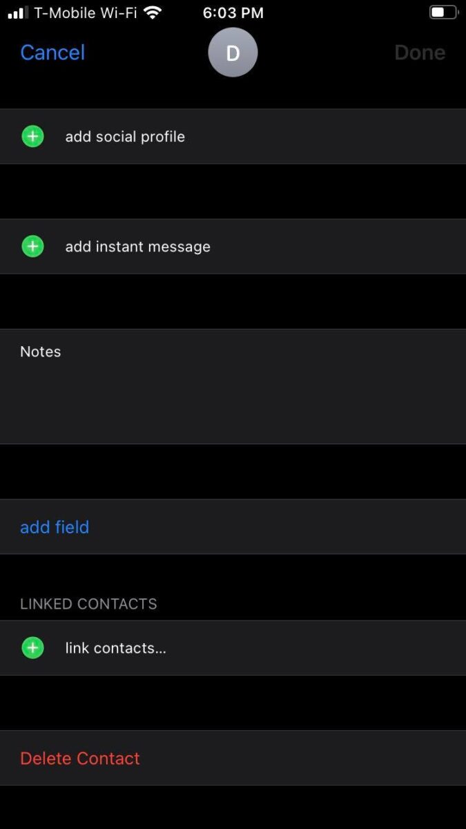 O menu Editar para um contato no aplicativo de contatos em um iPhone