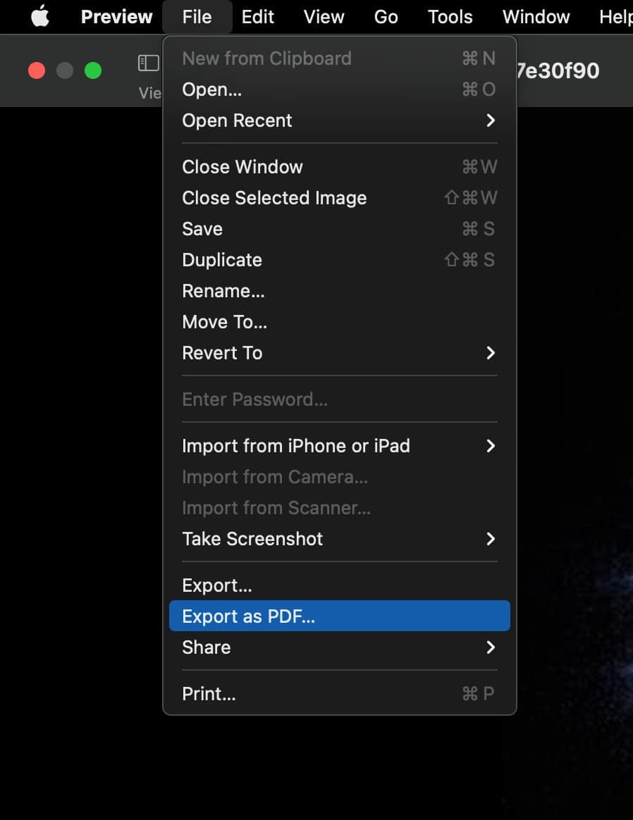 The File menu in the Image Preview app on a Mac.
