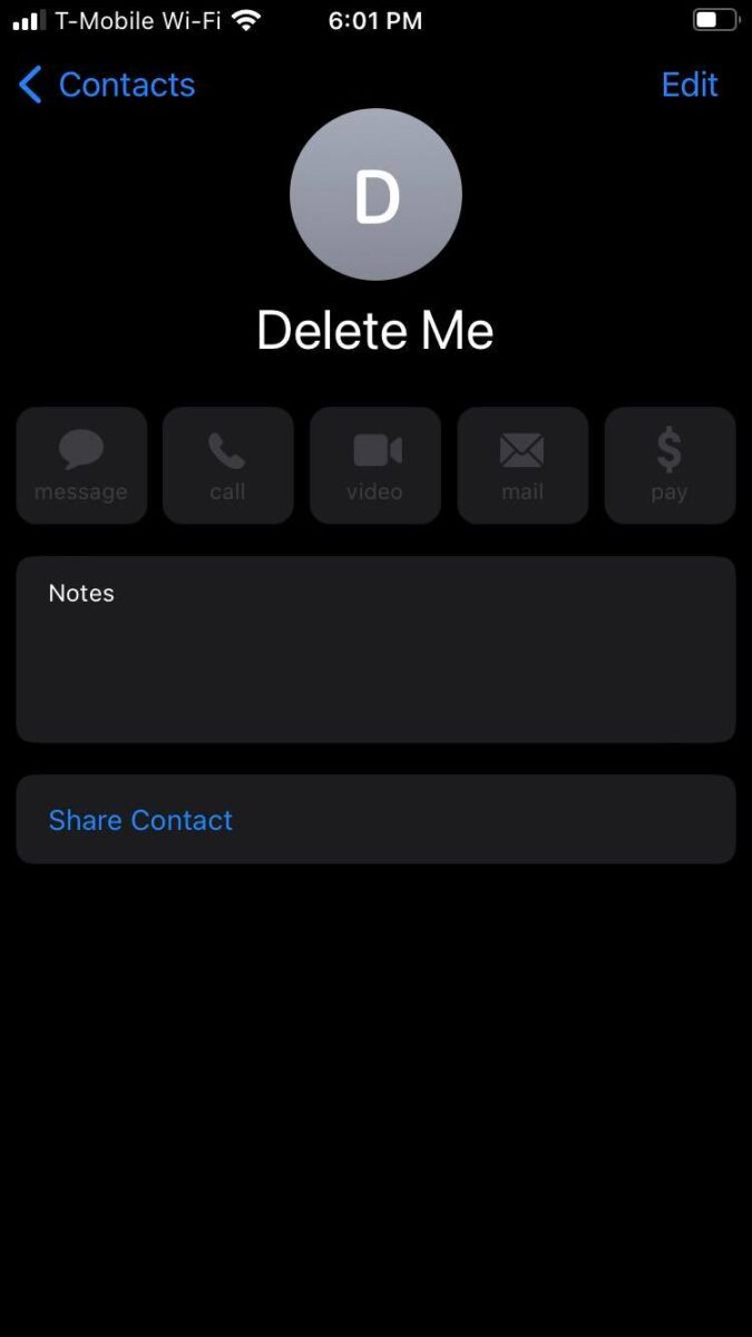 Um contato selecionado no aplicativo de contatos em um iPhone