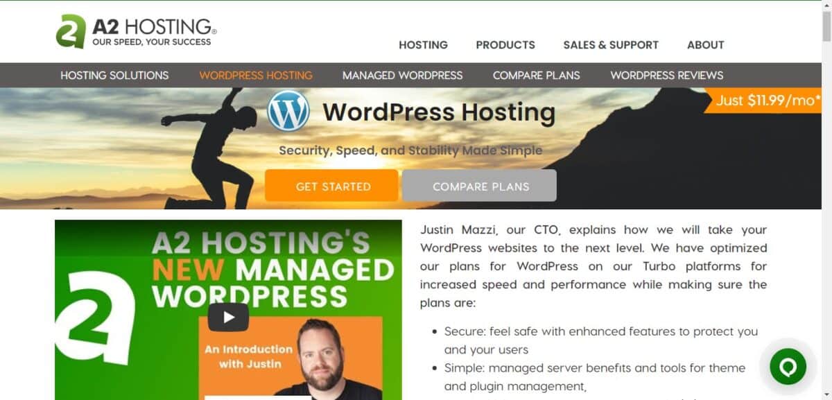 screen short of A2 WP hosting page