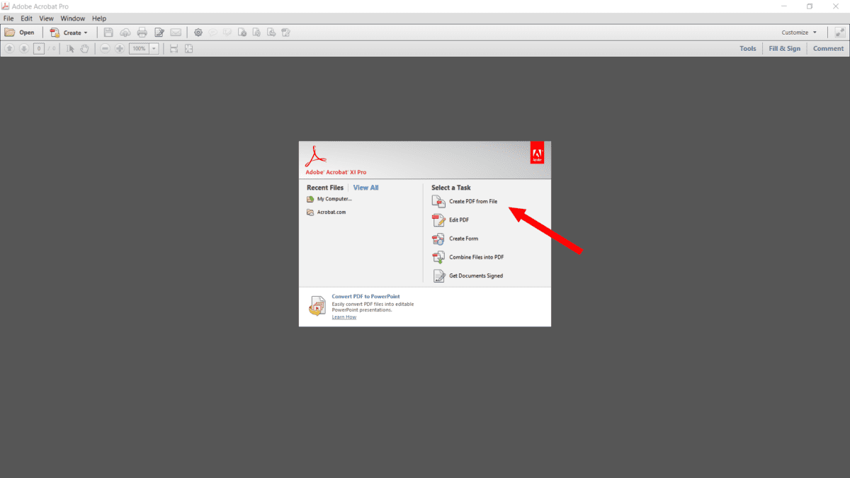 Adobe Acrobat showing the option to Create PDF from File.