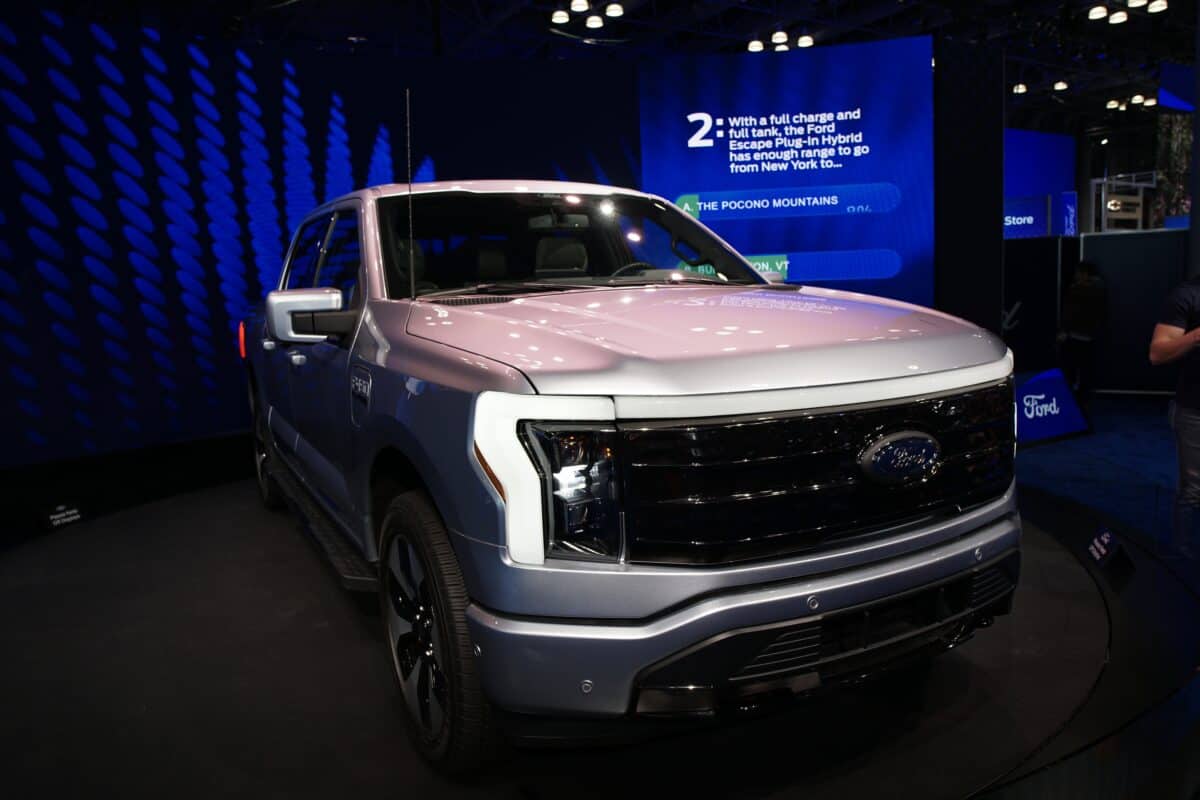 A Ford F-150 Lightning at a New York car show