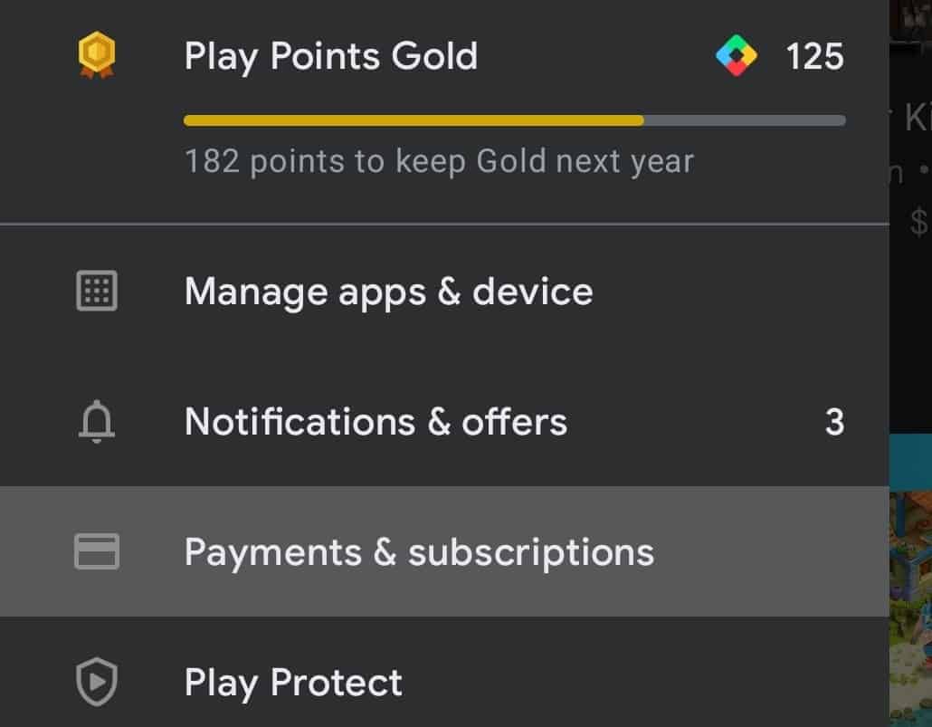 Screenshot of the Play Store with Payments and Subscriptions highlighted.