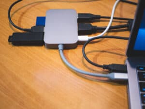 A USB-C hub hooked up to a laptop.