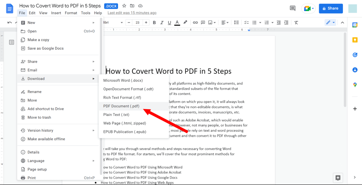 File menu open in Google Docs showing the PDF Document option under Download.