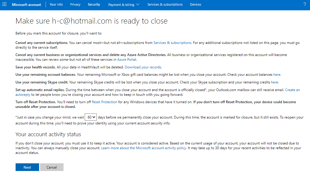 The verification screen for the Microsoft account you want to close.