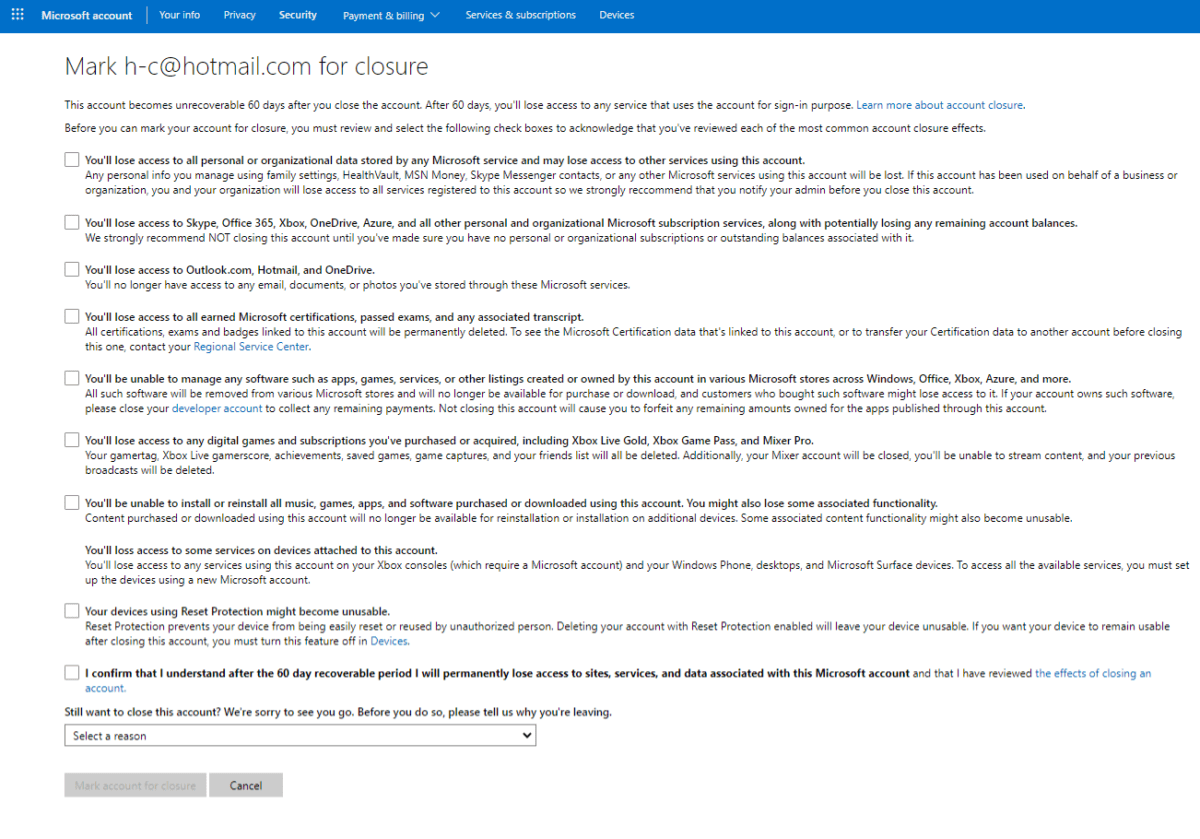 Verification screen for closing a Microsoft account.