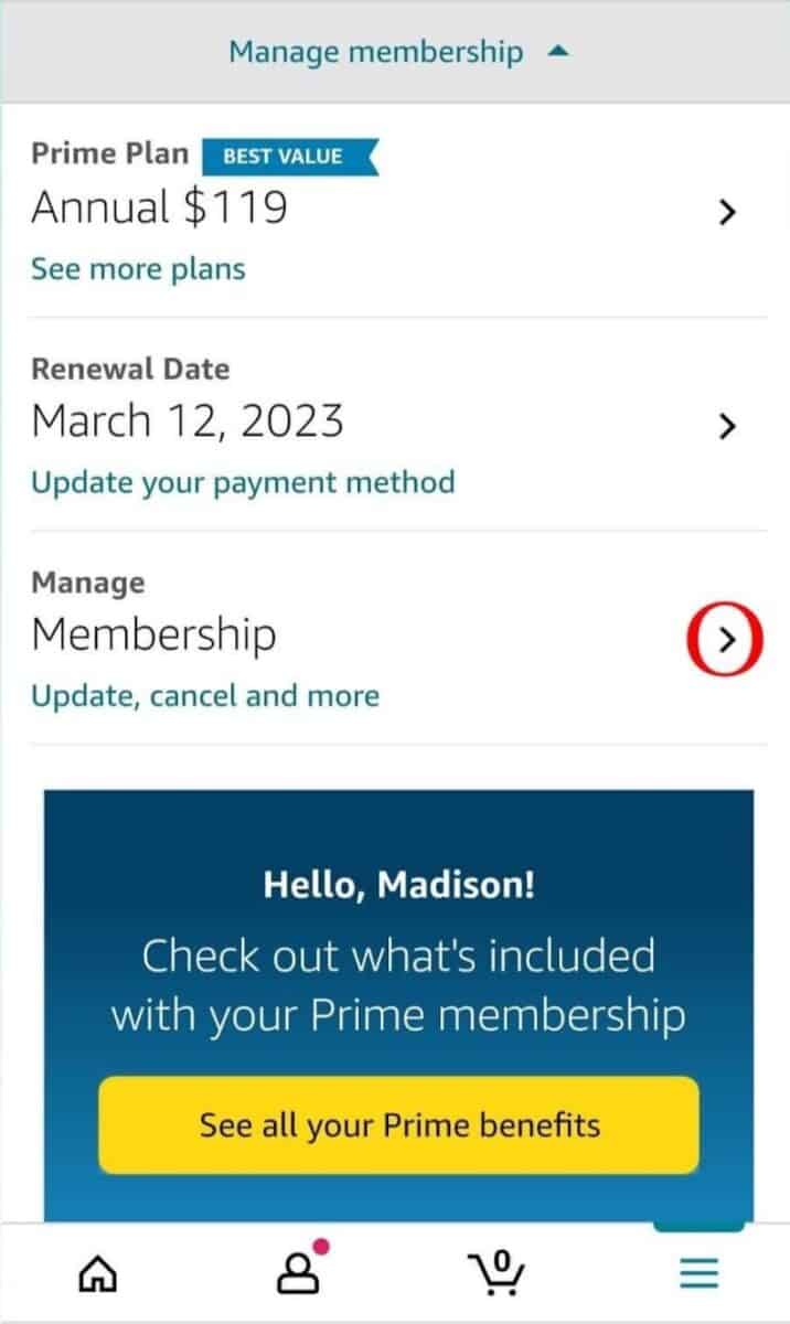 Select the arrow on the right of the Manage Membership button (highlighted in red above).