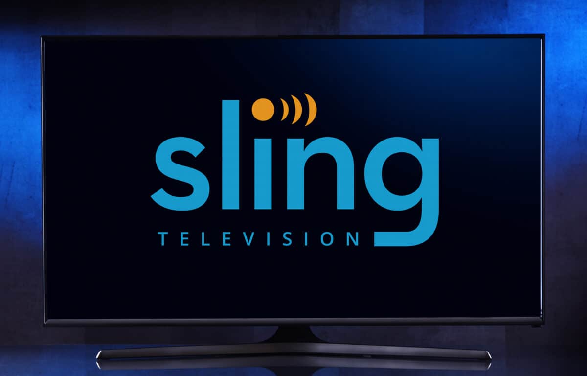 Sling TV logo on a flat-screen television.
