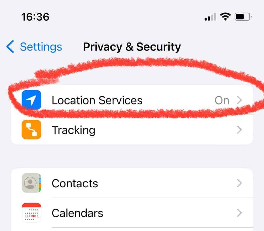 The Privacy and Security menu on an iPhone with the Location Services option highlighted.