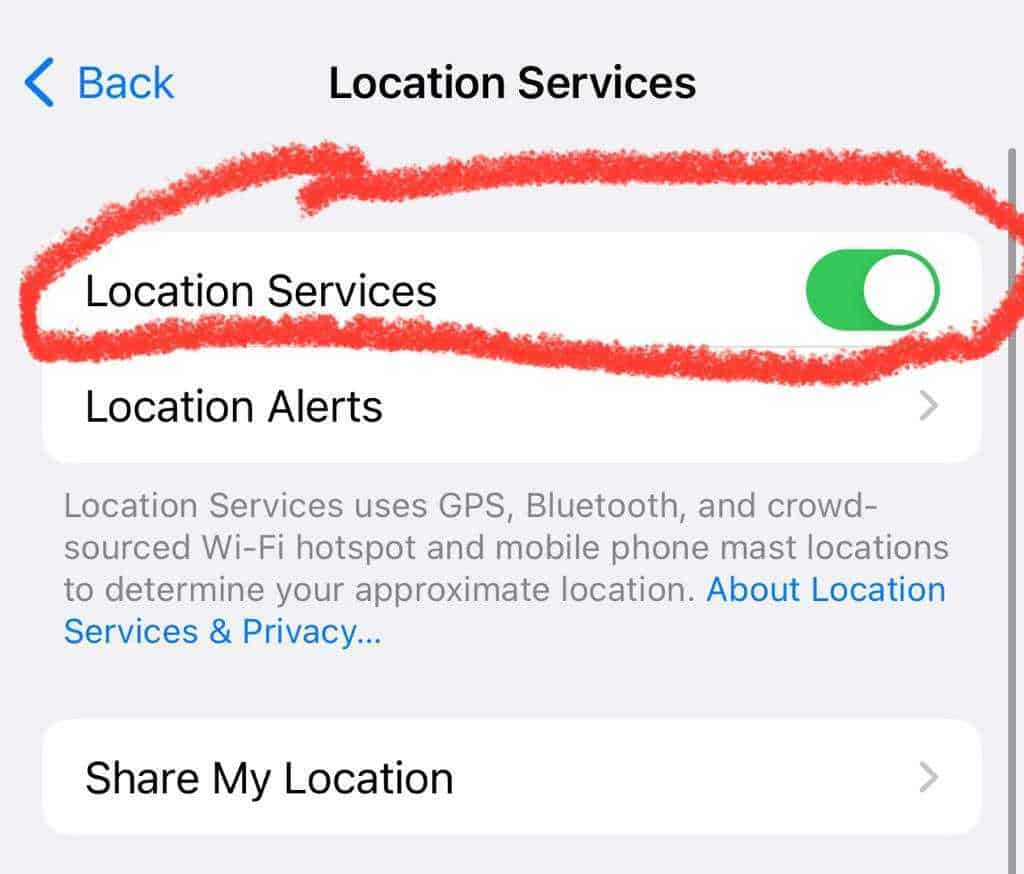 The Location Services menu on an iPhone with the Location Services option toggled to on.