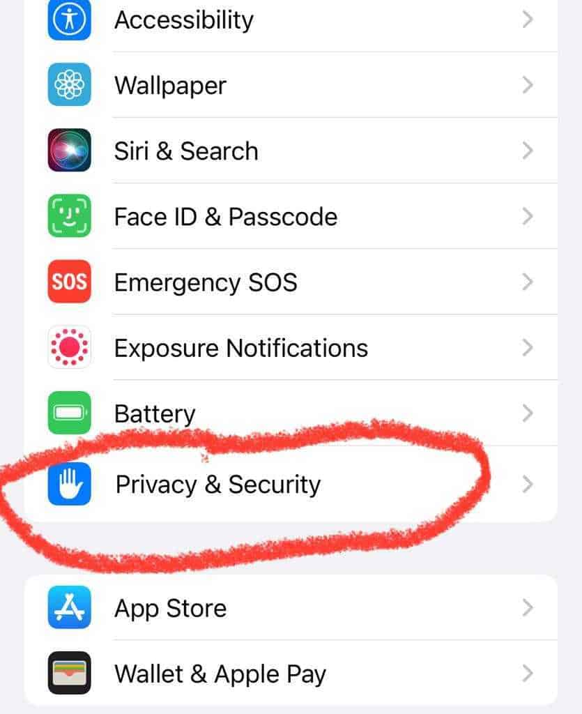 The Settings menu on an iPhone with the Privacy & Security option highlighted.